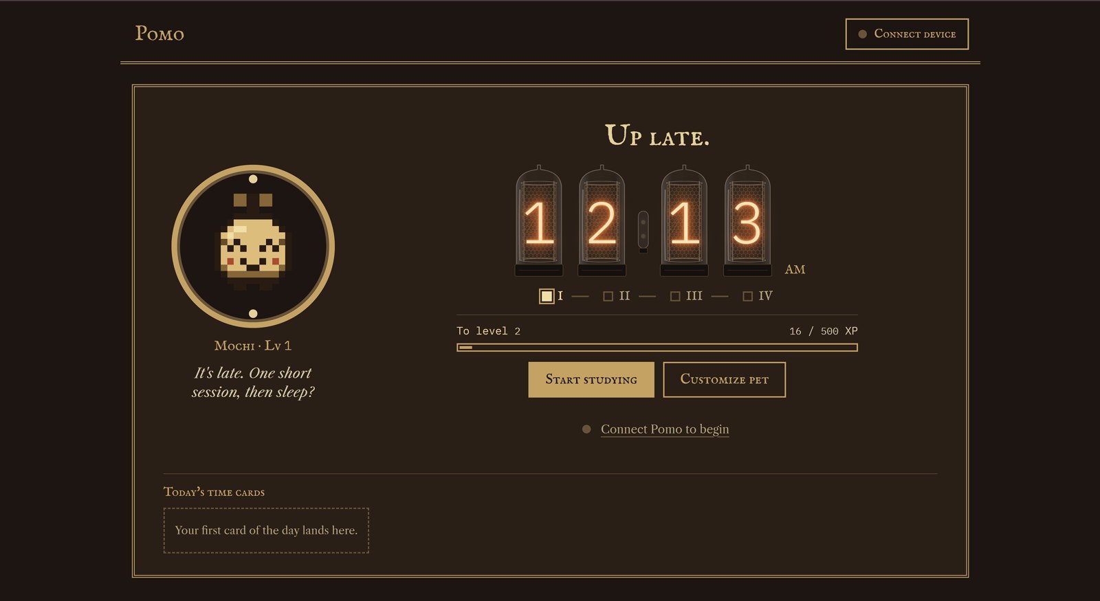 Pomo dashboard home screen: a nixie-tube clock reading 12:13 AM, the pixel pet saying 'It's late. One short session, then sleep?', and the four-session cycle